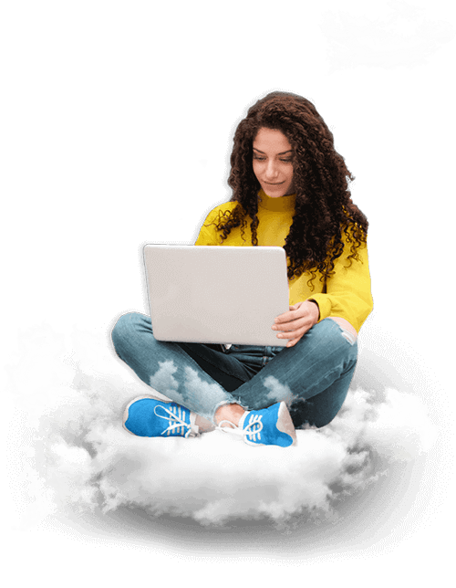 Girl Working With Her Laptop With Yellow shirt and Blue Shoes sitting on Clouds
